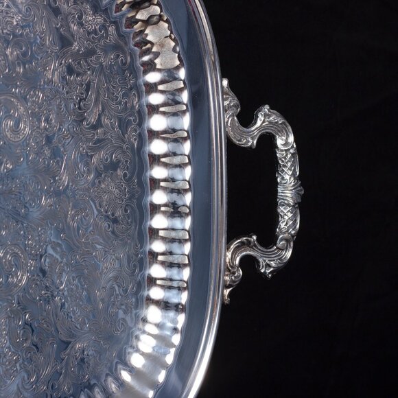 Silver Plated Serving Tray With Intricate Engraving & Handles | Leonard Silver - Picture 4 of 11